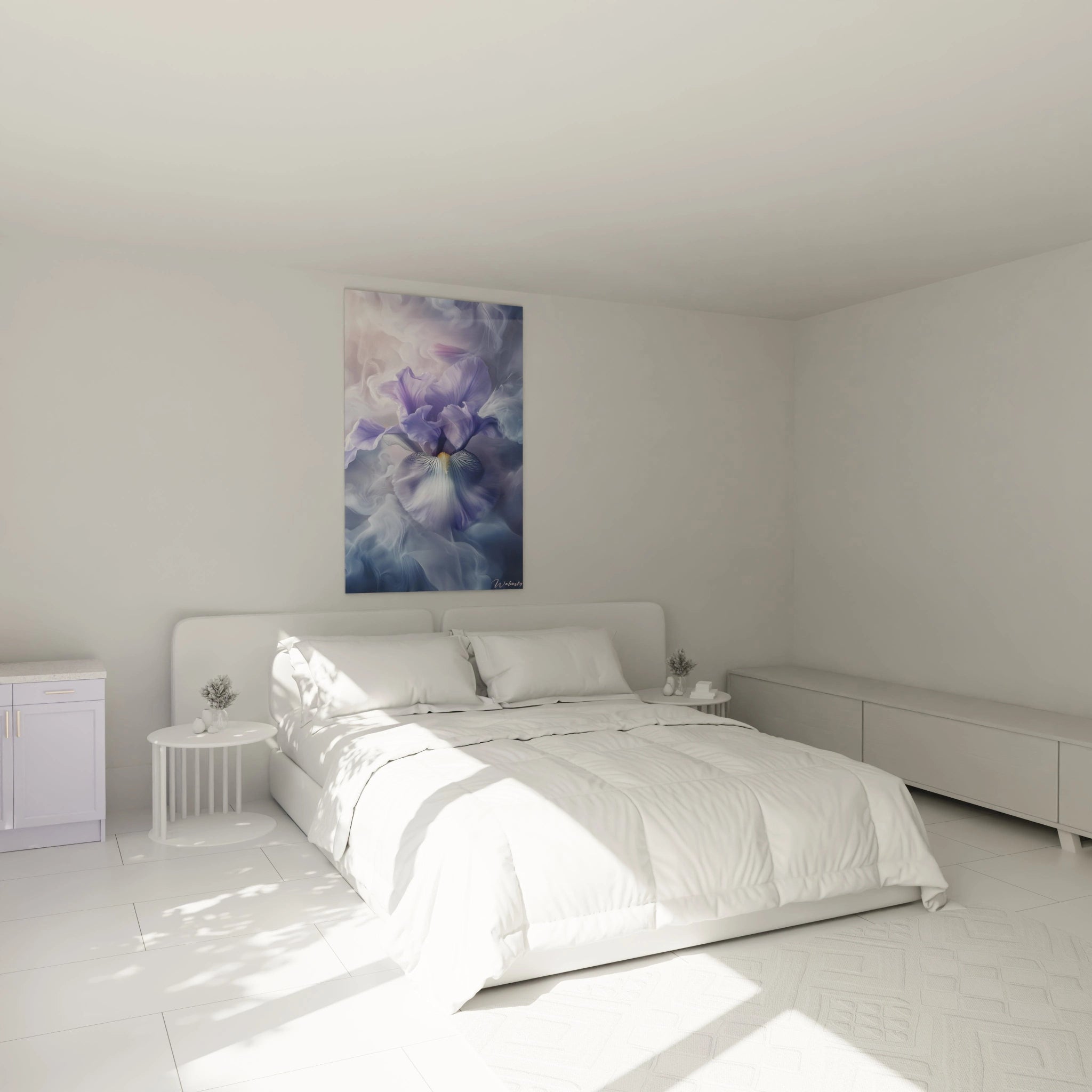 Tableau Iris nature montrant une fleur en gros plan, avec des nuances de violet et de bleu. L’arrière-plan présente un effet de brume vaporeuse, créant un contraste doux avec les contours nets de l’iris.

