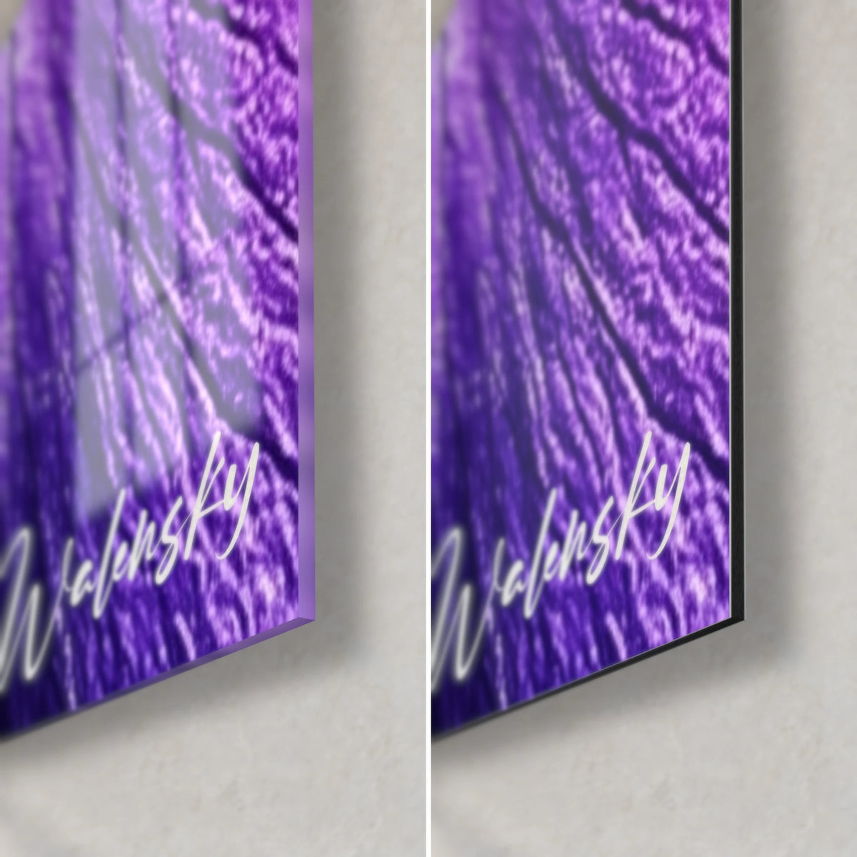 Quadro Petalo di iris viola nervato, angolo in basso a destra: vetro acrilico lucido a sinistra, alluminio Dibond opaco a destra, spessore 3 mm