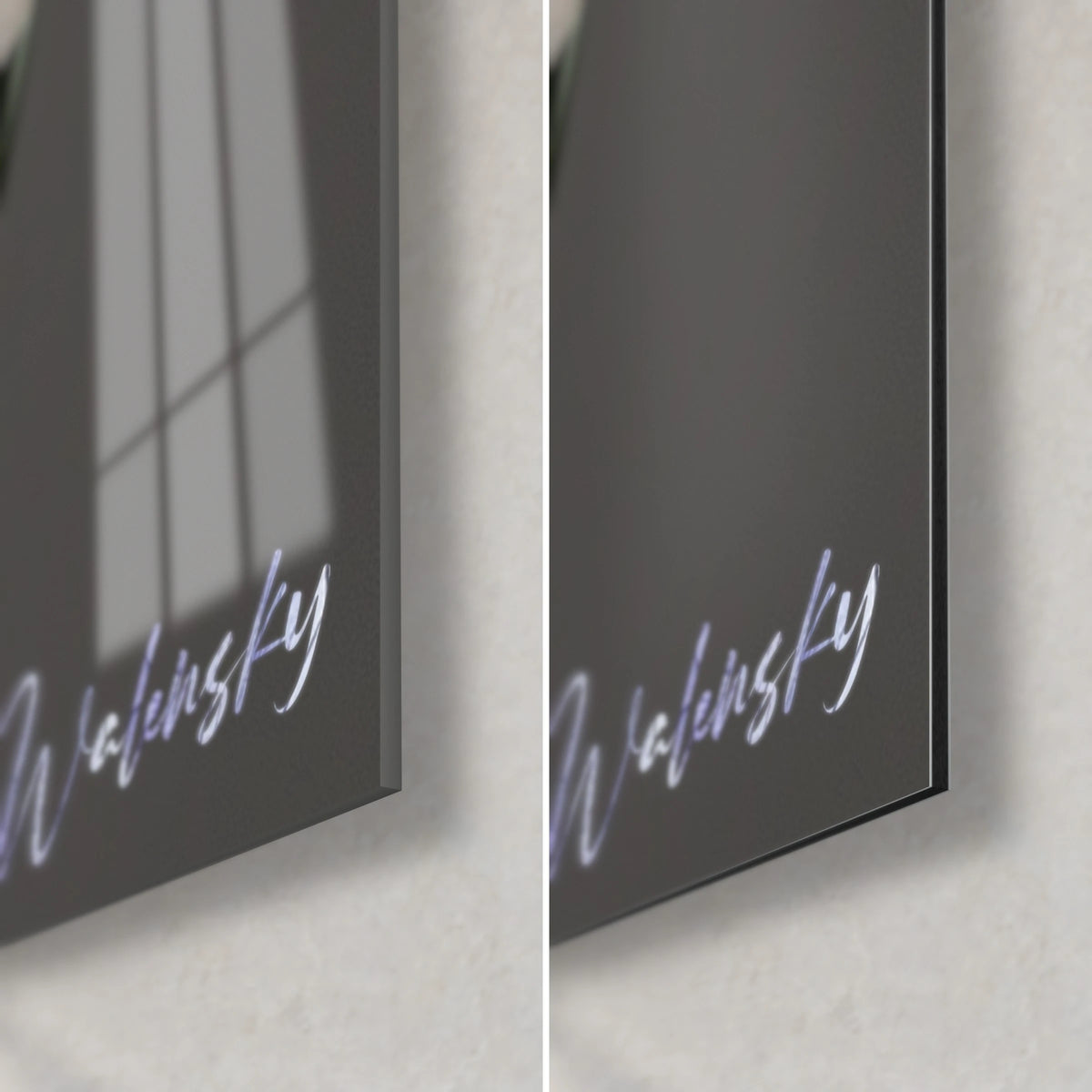 Wall art iris in purple and charcoal grey, bottom right corner: glossy glass on the left, matte Dibond on the right, 3 mm edge