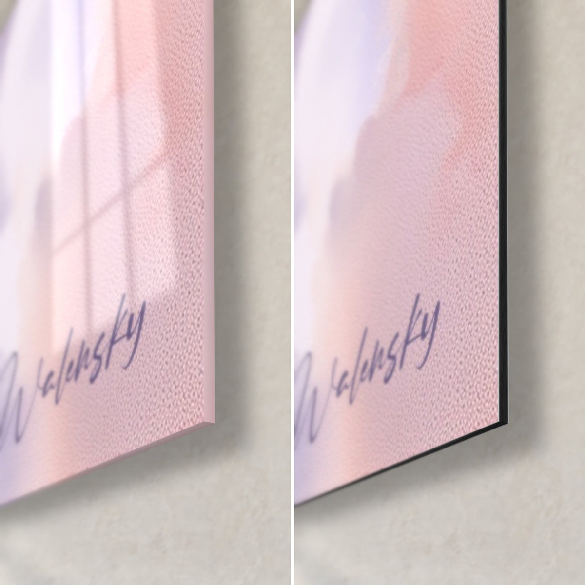 Wall art white and violet iris, bottom right corner: glossy acrylic glass with reflections, matte black Dibond aluminium, 3 mm edge