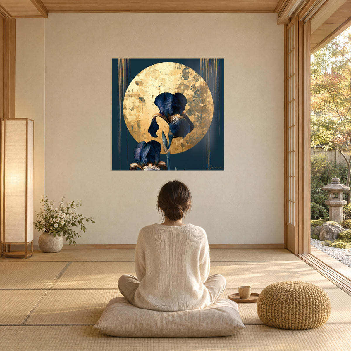 Cuadro luna dorada e iris con vetas marfil sobre fondo azul noche, mujer sentada de espaldas en un cojín, tatami abierto al jardín