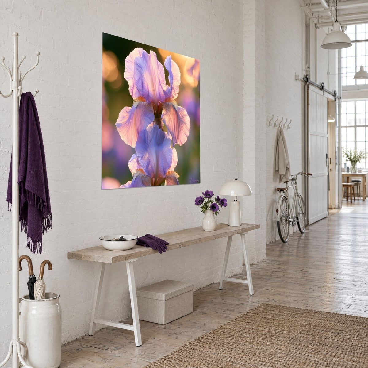 Wall art of an iris flower with an orange beard, veined violet petals and a golden blurred background, on the white wall of an artist's loft