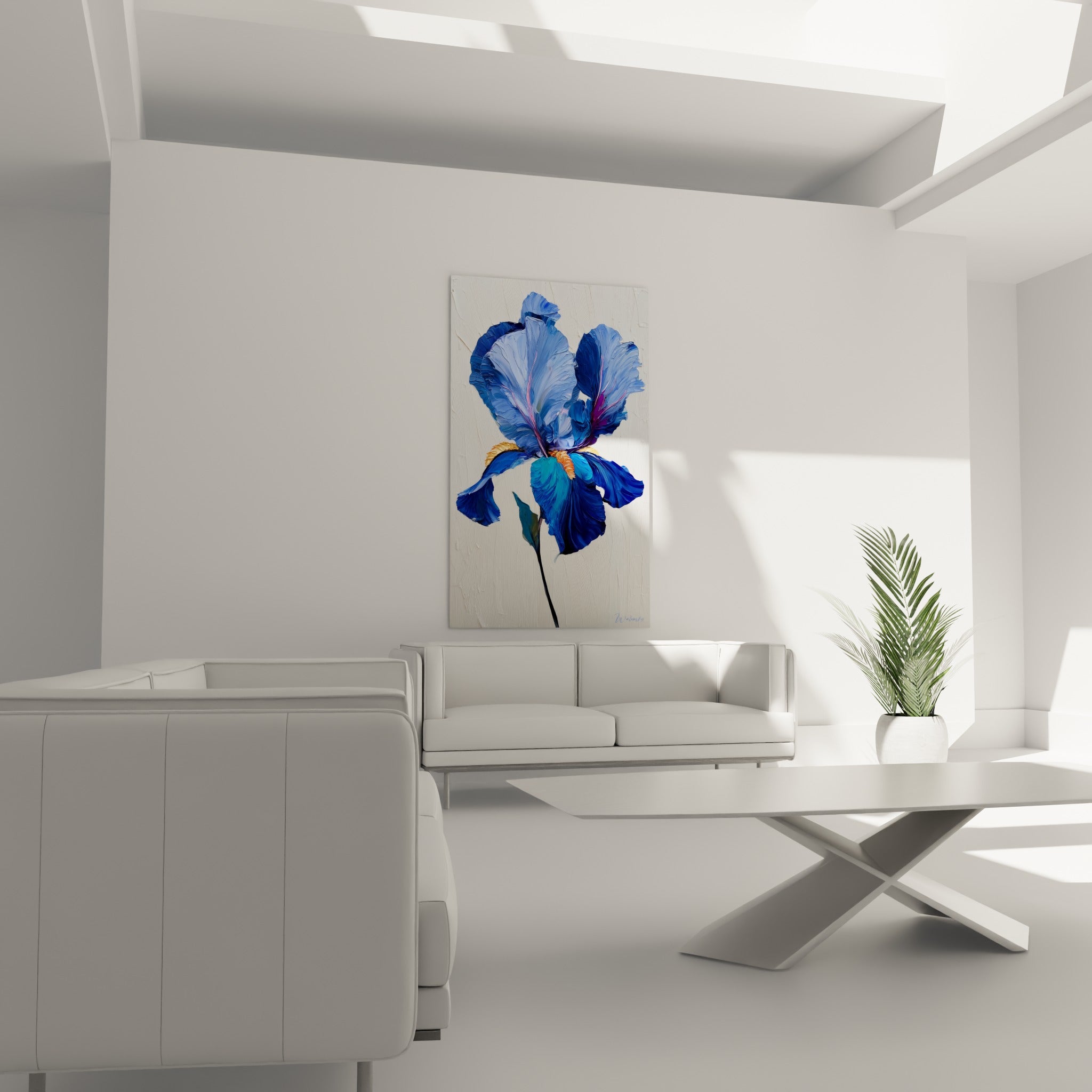 Pétales bleu pastel et touches violettes de l'iris au-dessus d'un canapé dans un salon lumineux
