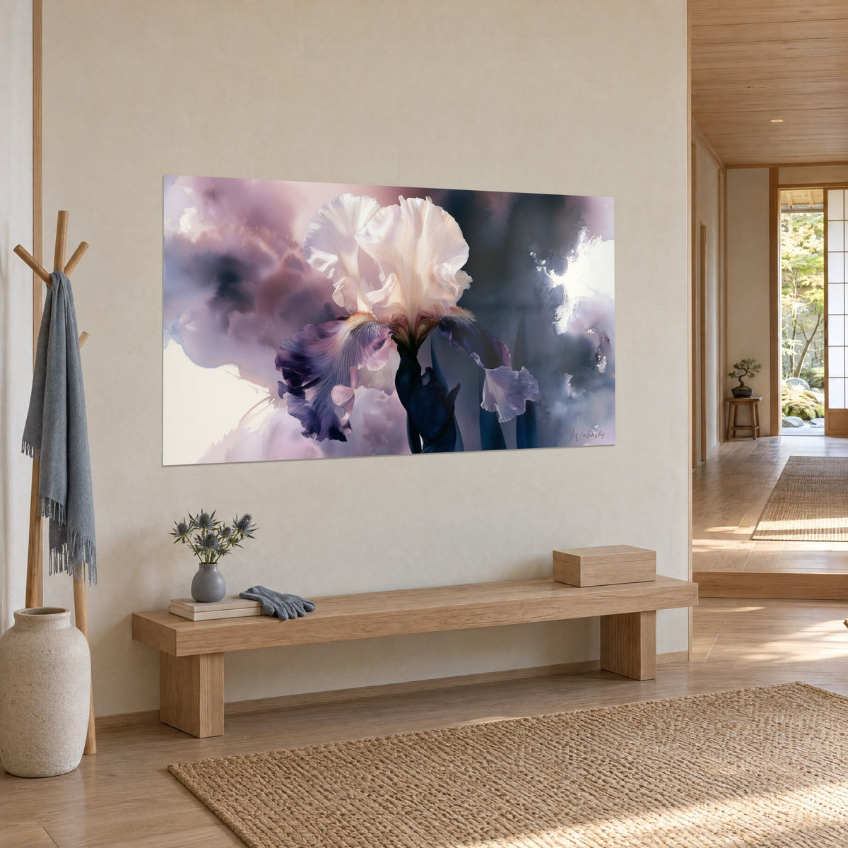 Wall art ivory bloom with golden stamens, violet veined sepals against mauve and indigo clouds, hung beside a light wood bench