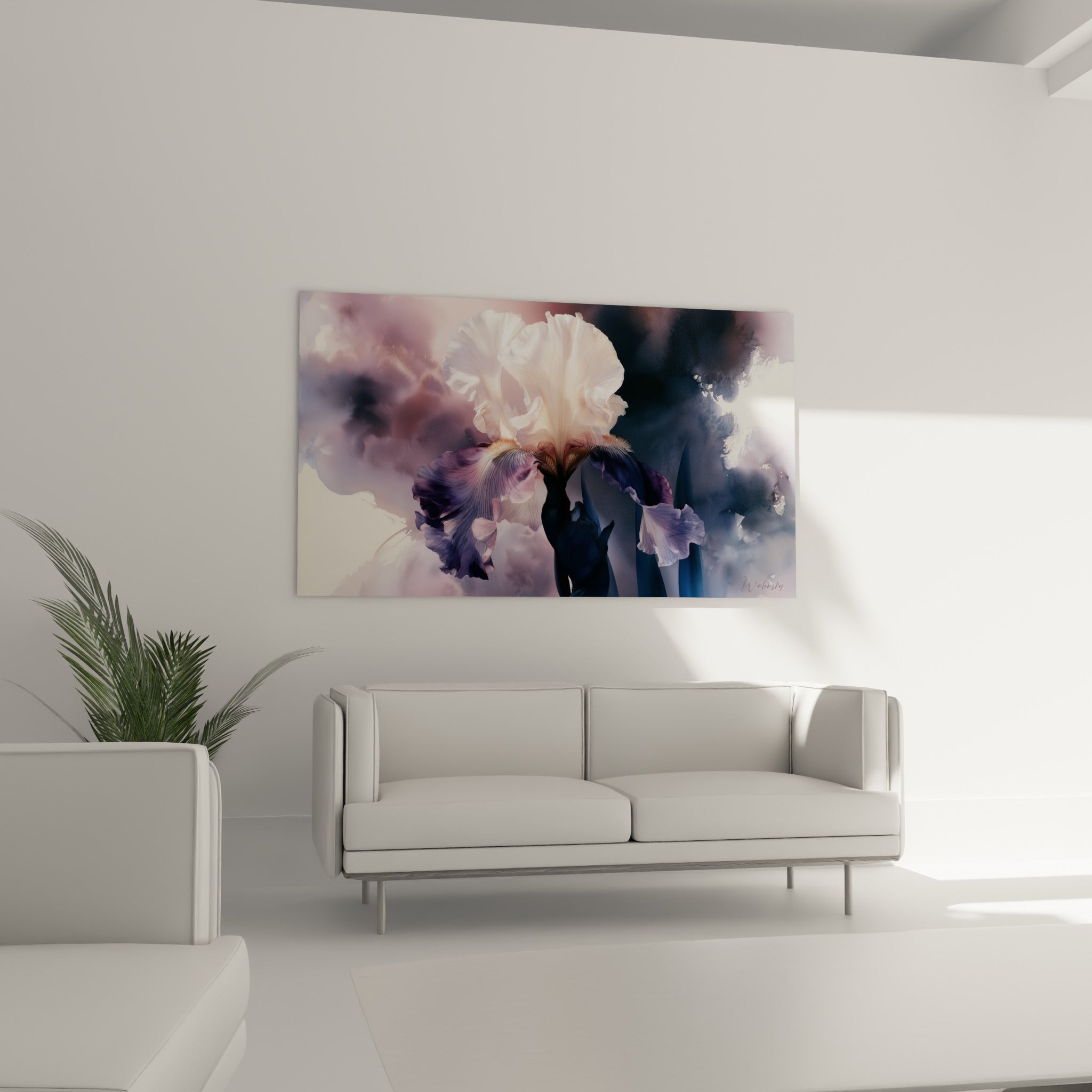 Iris blanc crème aux reflets dorés, disposé au-dessus d'un canapé dans un salon lumineux