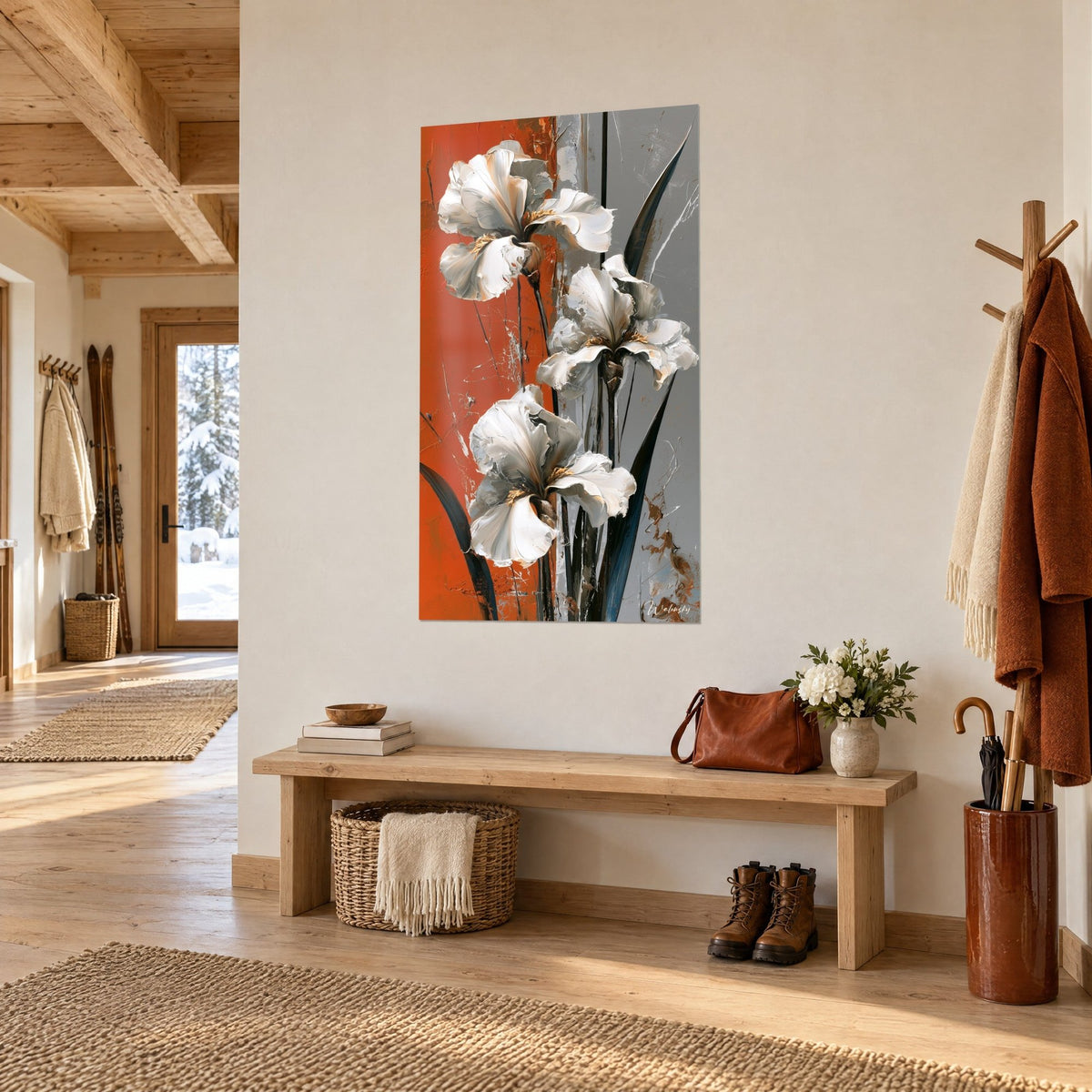 Wall art three pearly iris flowers, slender black leaves on rust and grey background, light wood chalet entrance