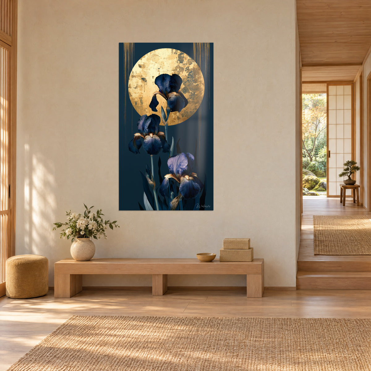 Wall art with purple and indigo irises, a gold-leaf moon and copper drips, three-quarter view in a Japandi hallway