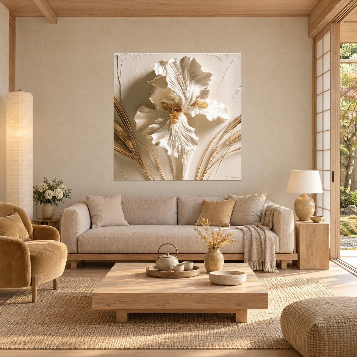 Wall art cream-white iris with golden stamens, sculpted raised petals, above a sofa in a bright living room