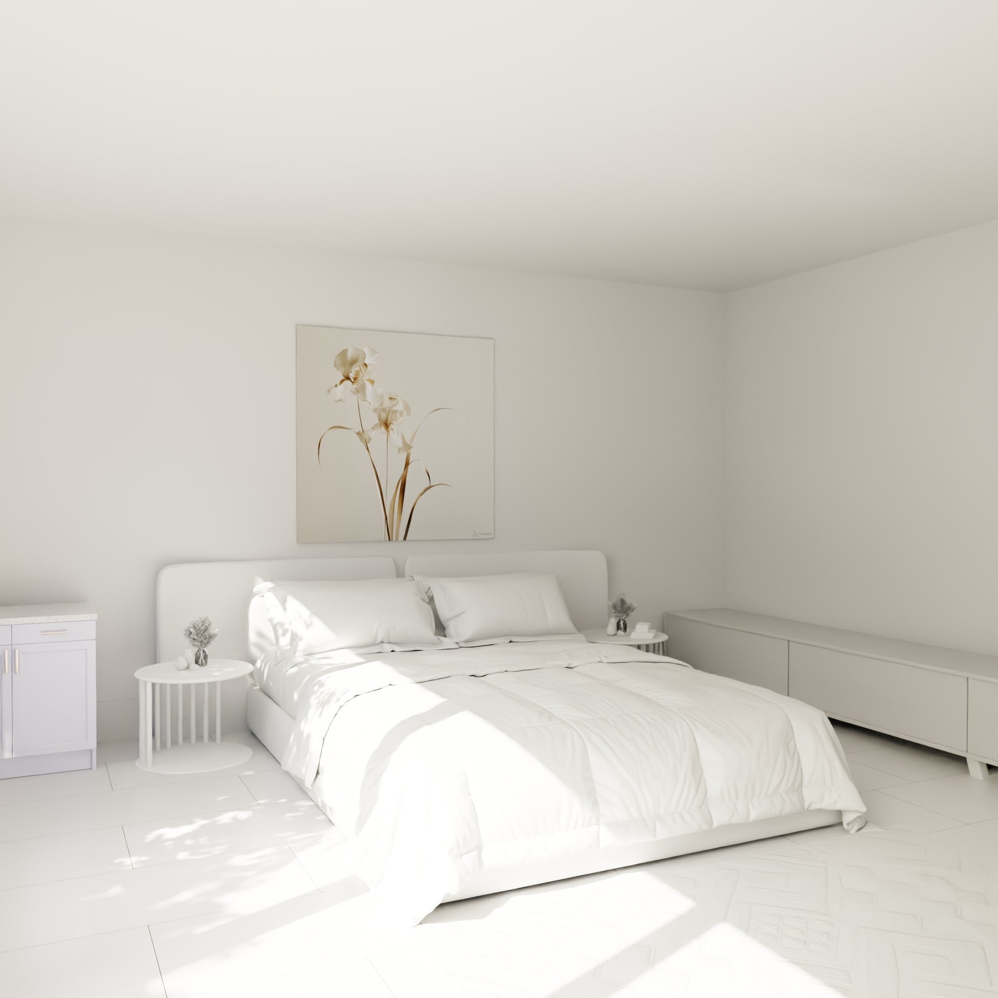 Fleur d'iris blanche et dorée aux pétales froissés, accrochée au-dessus d'un lit dans une chambre claire