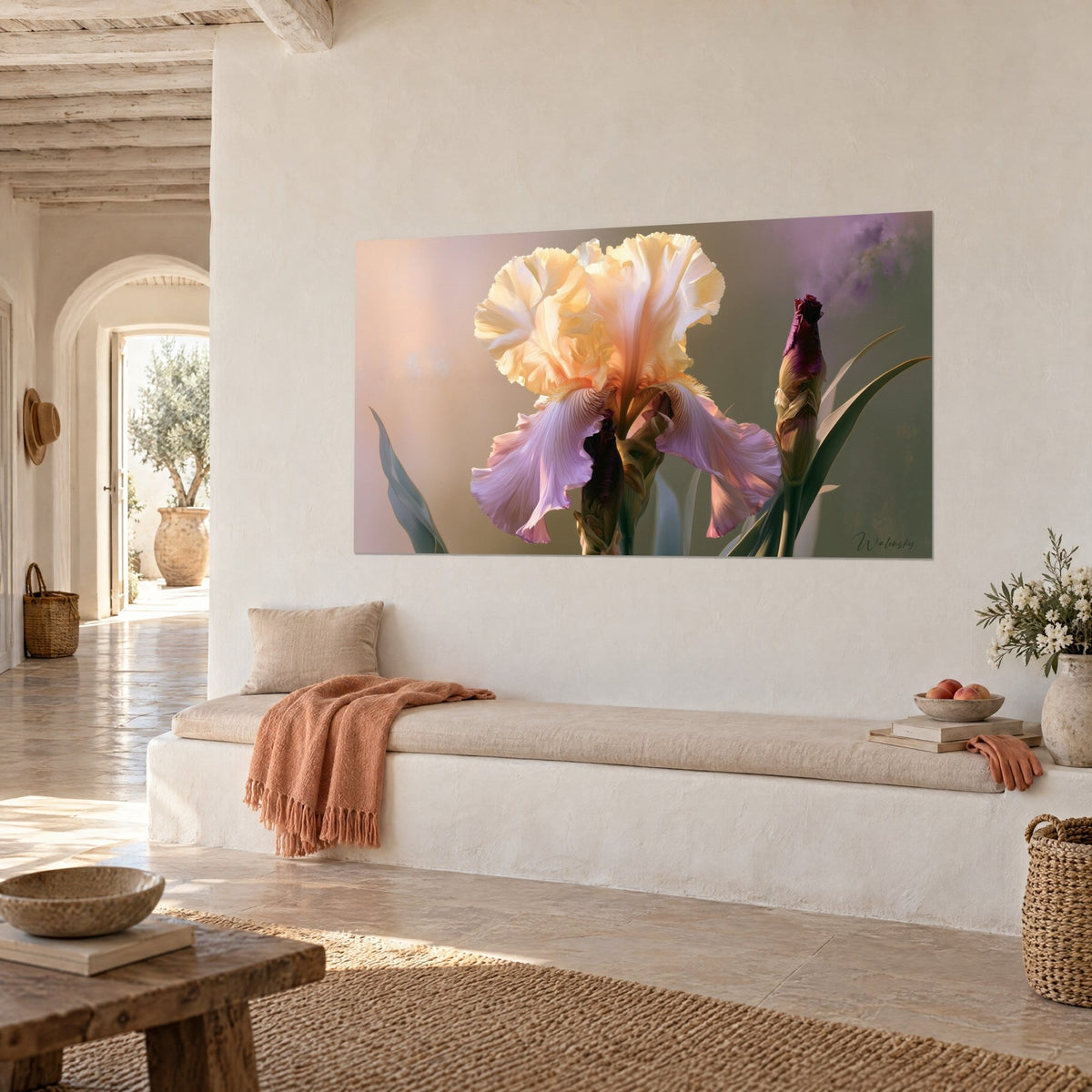 Wall art ivory and lilac iris bloom, grey-green leaves and a misty pink background, above a white bench and a coral throw