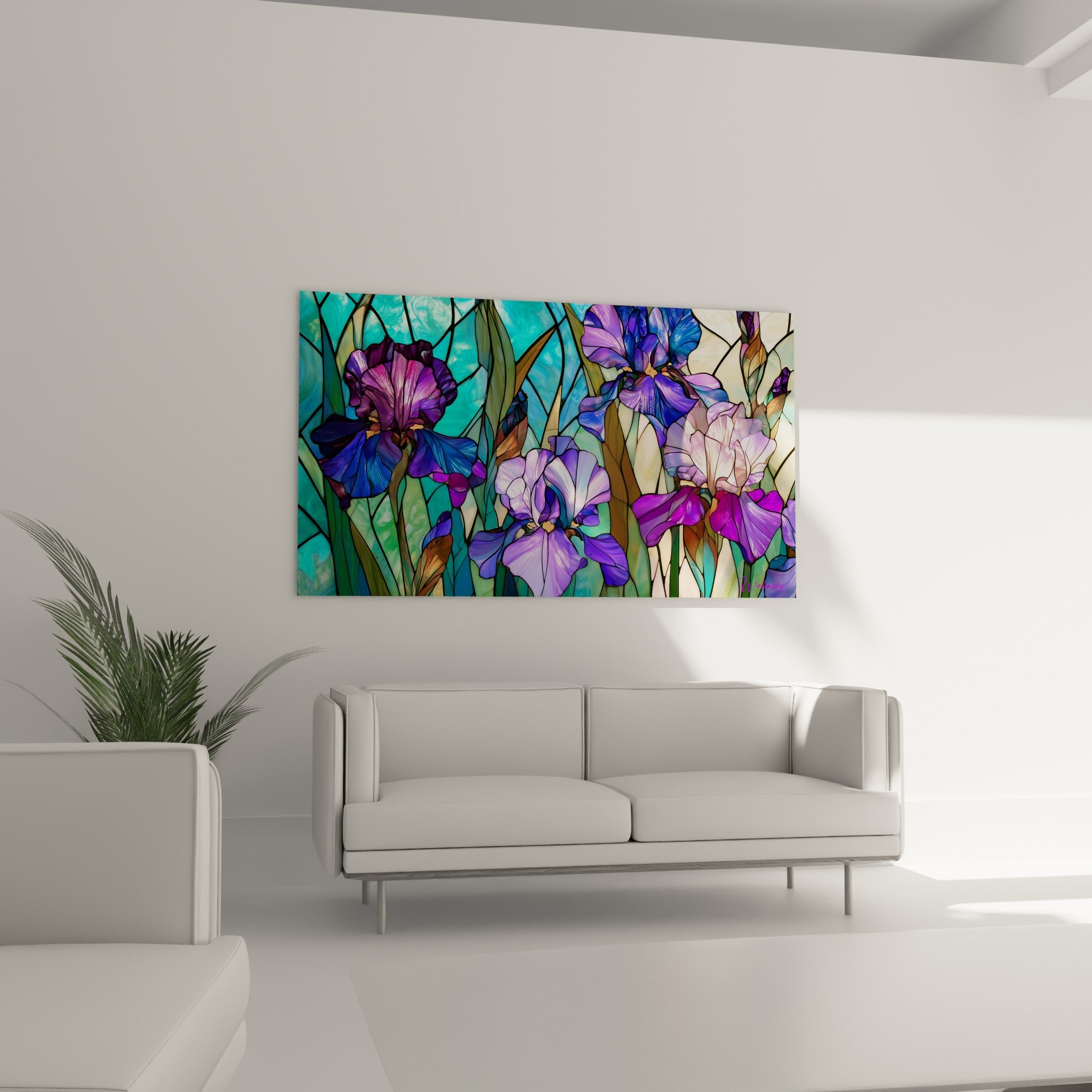 Pétales d'iris turquoise et violet intense en vitrail, disposés au-dessus d'un canapé dans un salon lumineux