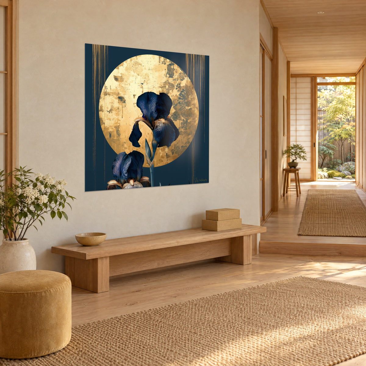 Wall art violet striped iris and golden moon, copper drips on navy blue, beige wall of a Japandi entrance