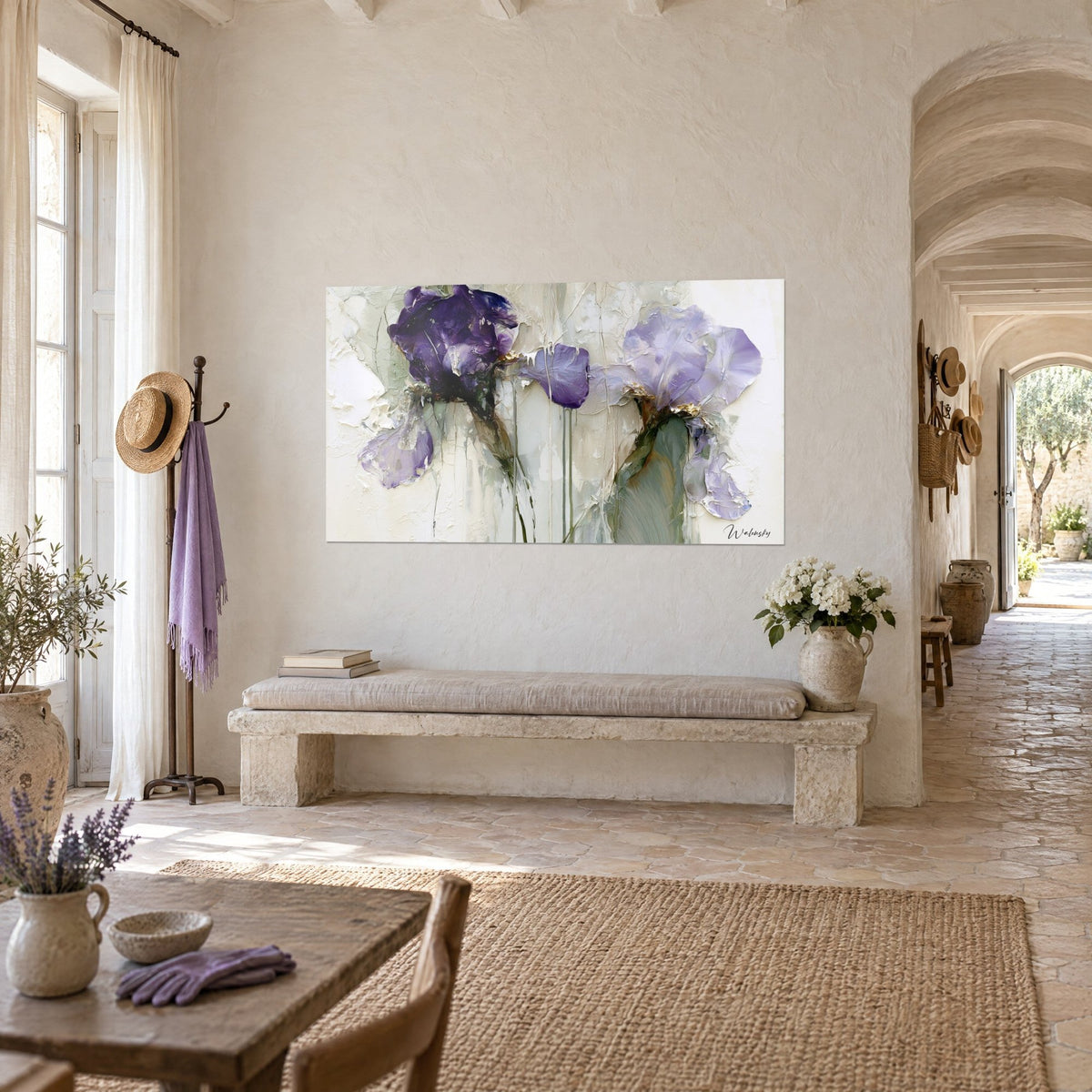 Wall art Lavender and plum iris flowers painted with a palette knife, sage green stems, hung three-quarter view in a vaulted stone corridor