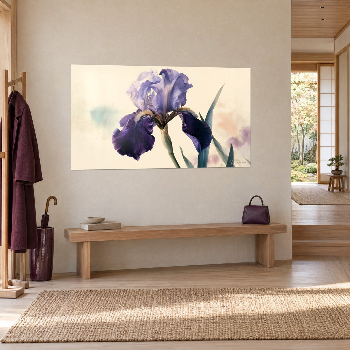Cuadro flor de iris con ondulaciones malvas, barba cobriza y tallos verde grisáceo, junto a un banco de madera clara