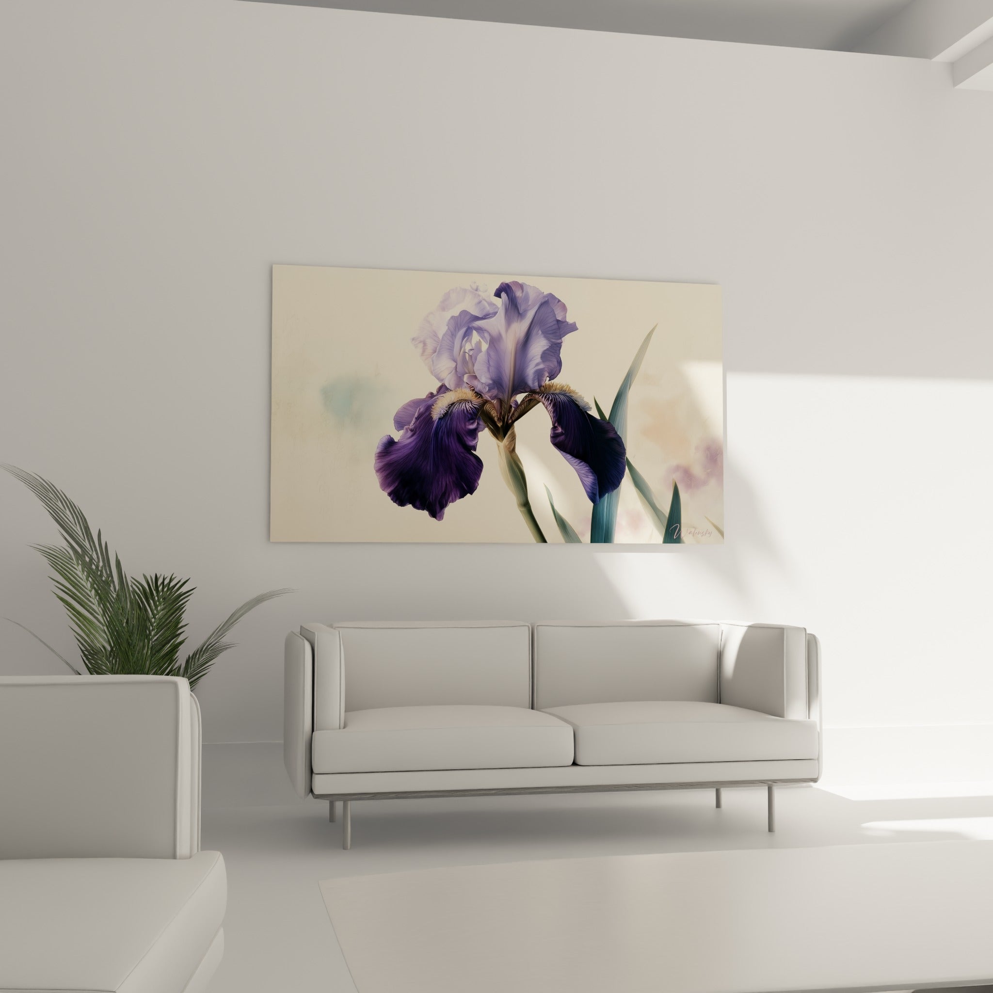 Pétales d'iris pourpre et lavande accrochés au-dessus d'un canapé dans un salon lumineux.