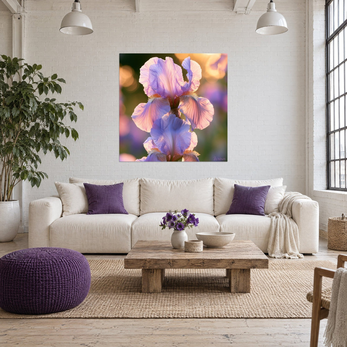 Wall art of a mauve iris bathed in golden light, lilac and pale pink petals, hanging above a sofa in a bright living room
