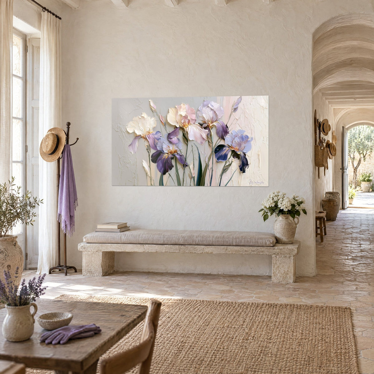 Wall art bouquet of pastel irises on a pearl grey background, powder pink and violet petals, above a stone bench, Provençal farmhouse