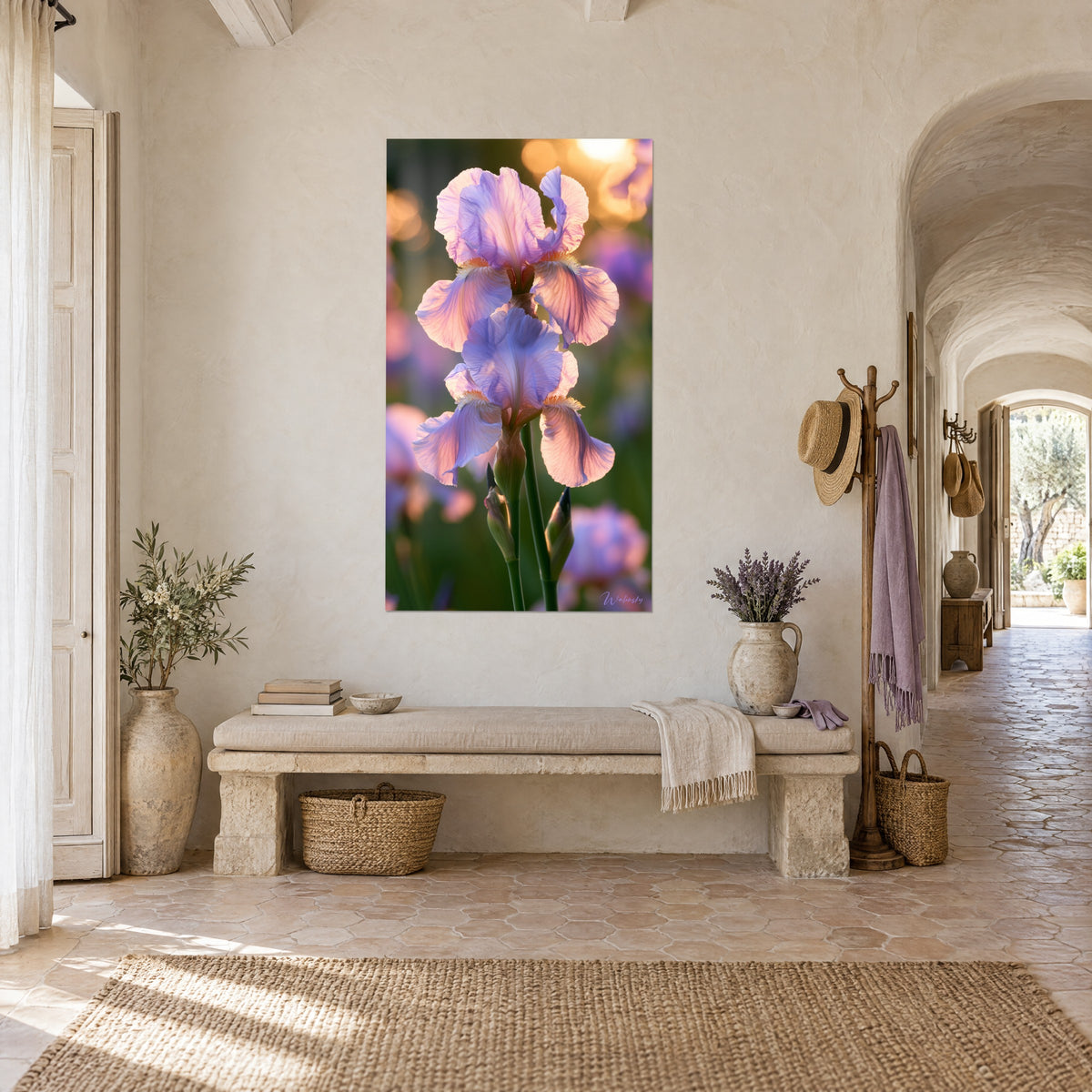 Wall art of bearded iris backlit, lilac and orange petals, blurred green background, on a plastered wall of a vaulted stone hallway