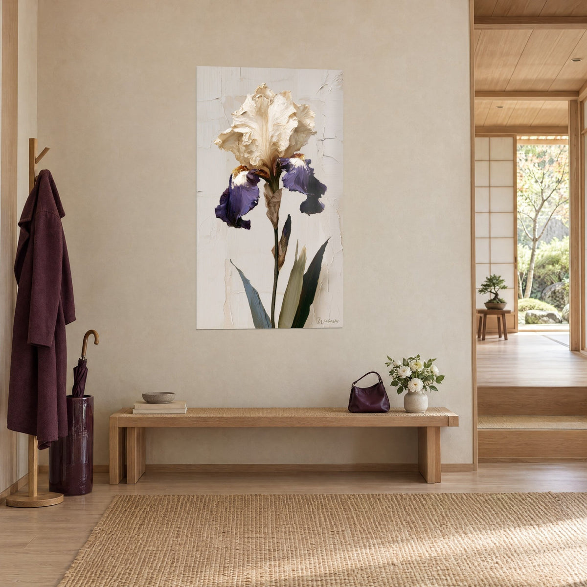 Wall art of a cream and deep violet iris bloom, thick palette knife texture, three-quarter view in a japandi entrance hall