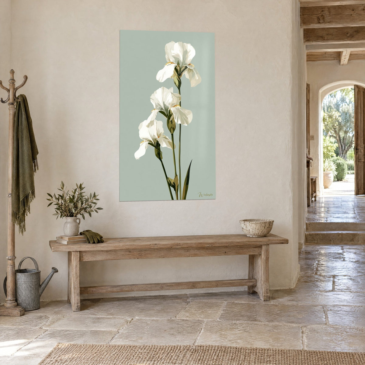 Wall art cream iris blooms with golden hearts, slender olive green stems on a sage background, in a pale stone entryway