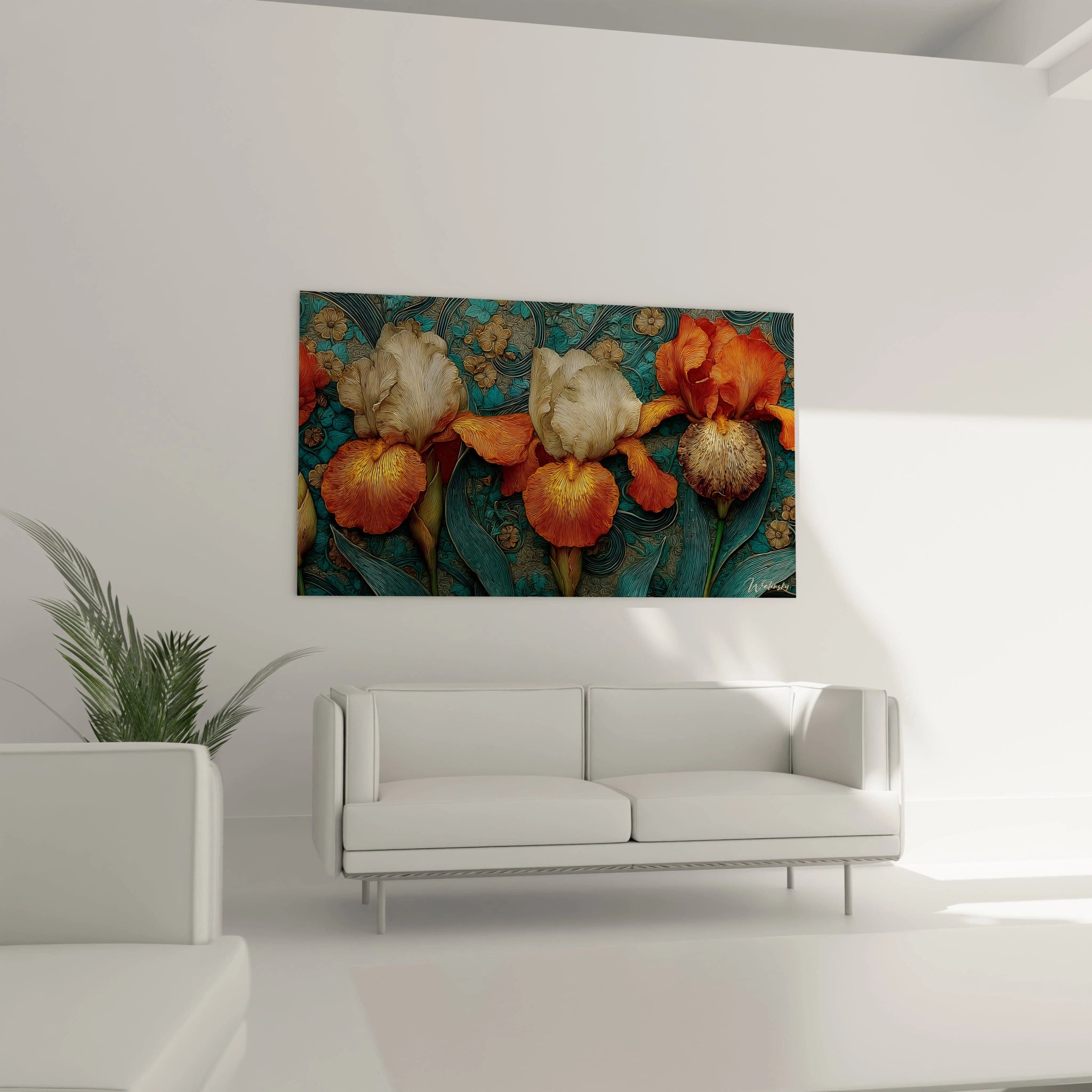 tableau iris art nouveau Walensky accroché au-dessus d'un canapé blanc, fleurs orange et turquoise décoratives