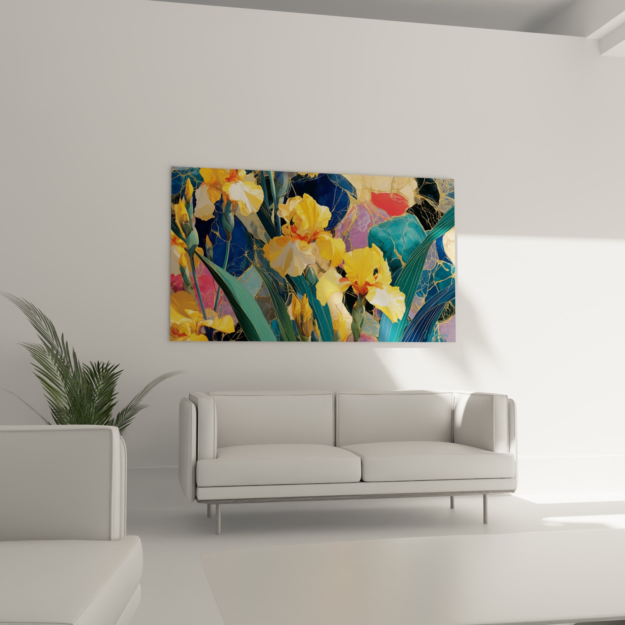 Fleurs d'iris dorées et pétales blancs sur fond fragmenté bleu et rouge au-dessus d'un canapé dans un salon lumineux