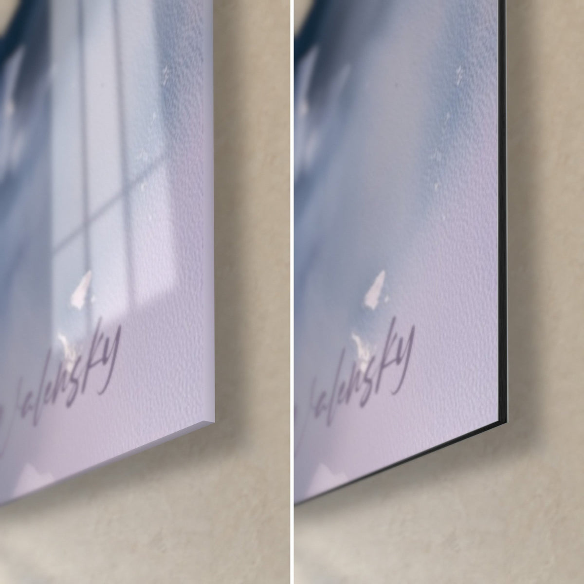 Wall art pale iris in watercolor, bottom right corner: glossy acrylic glass reflecting the window, matte grey-lilac Dibond, black edge