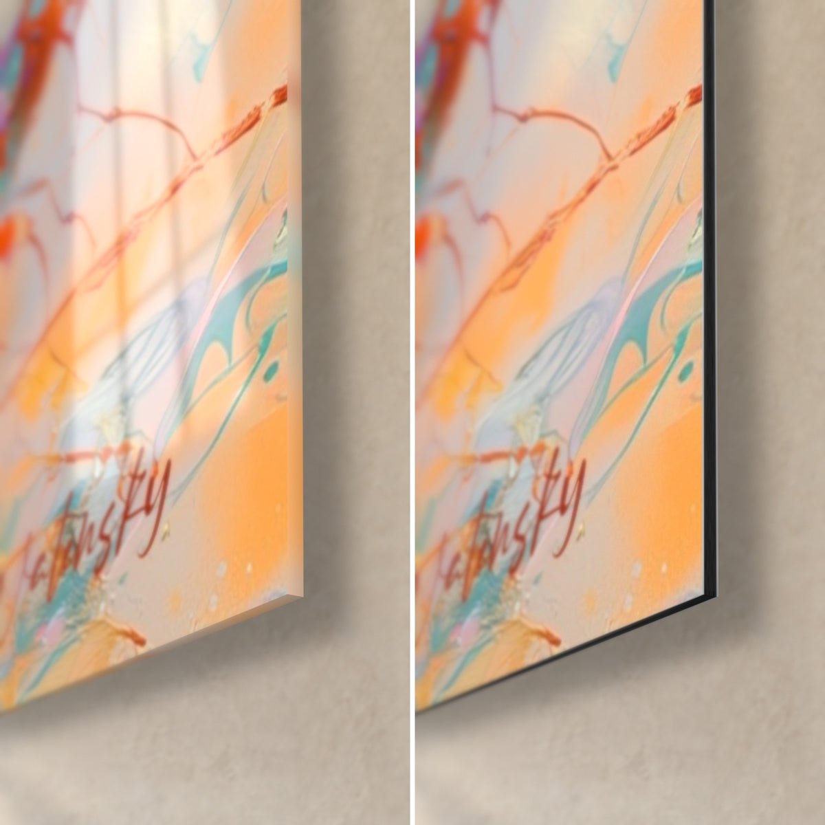 Schilderij vlammende oranje bloem, rode handtekening rechtsonder, glanzend acrylglas en mat zwart Dibond van 3 mm