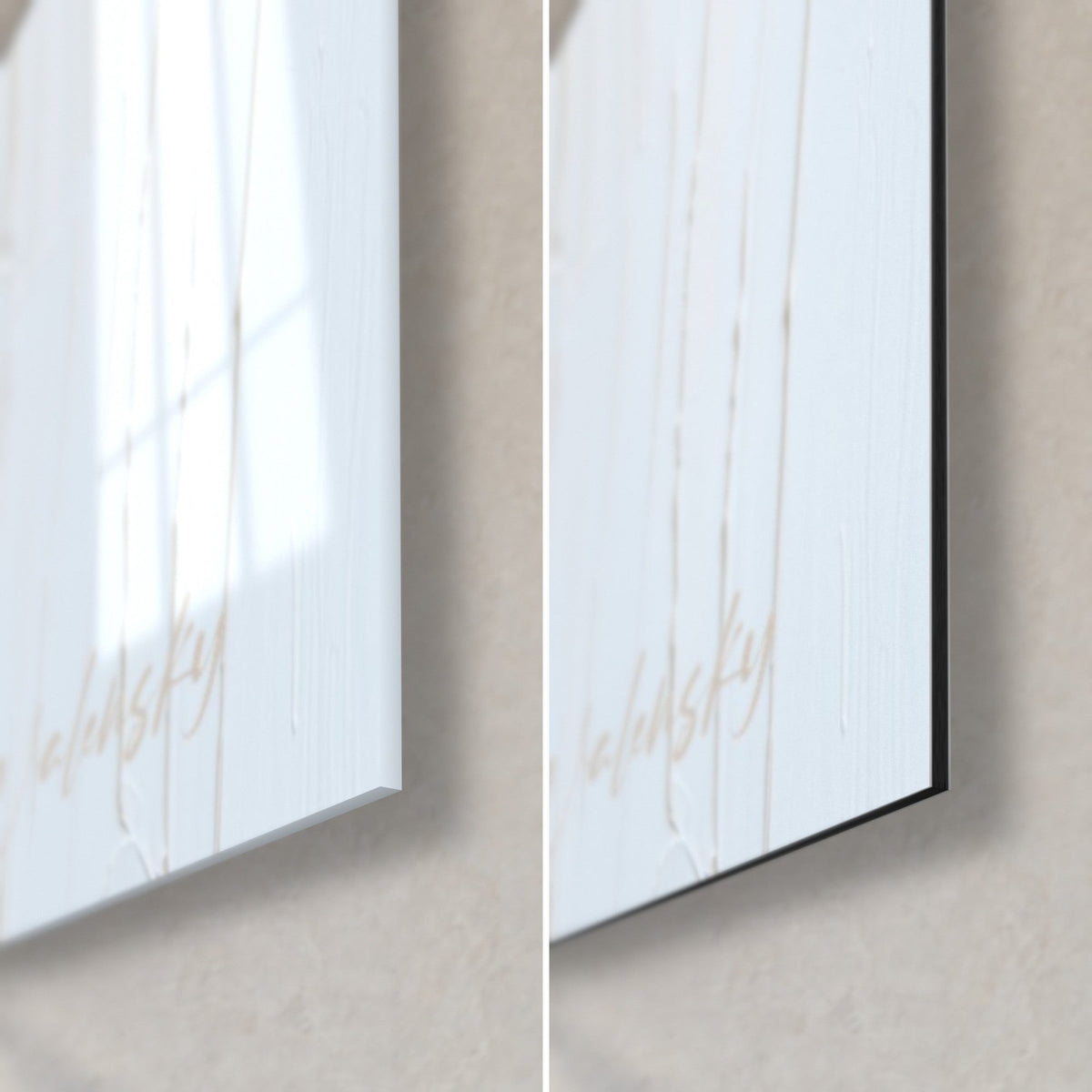 Wall art Blue and gold iris, bottom right corner: glossy acrylic glass with reflections, matte black Dibond aluminium, 3 mm edge