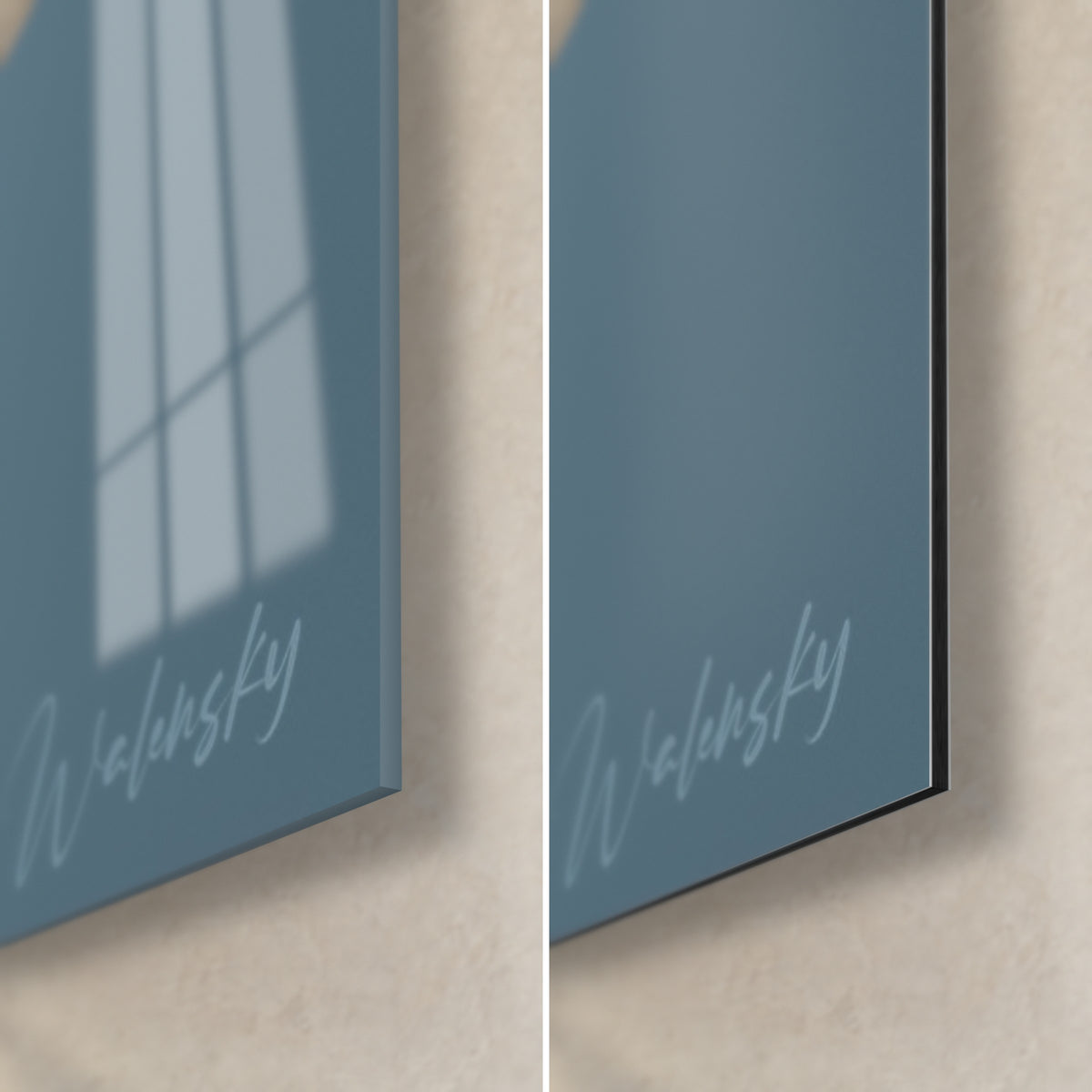 Wall art violet iris, bottom right corner: glossy acrylic glass with window reflections, matt black Dibond and 3 mm edge