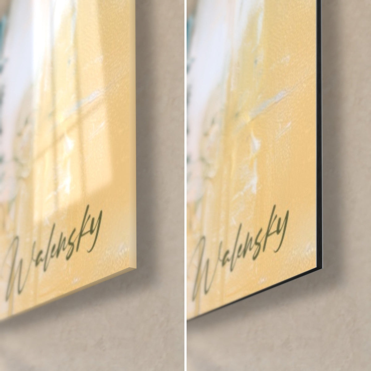 Wall art iris in pastel painting, bottom right corner: glossy golden yellow acrylic glass on the left, matte black Dibond on the right, Walensky signature