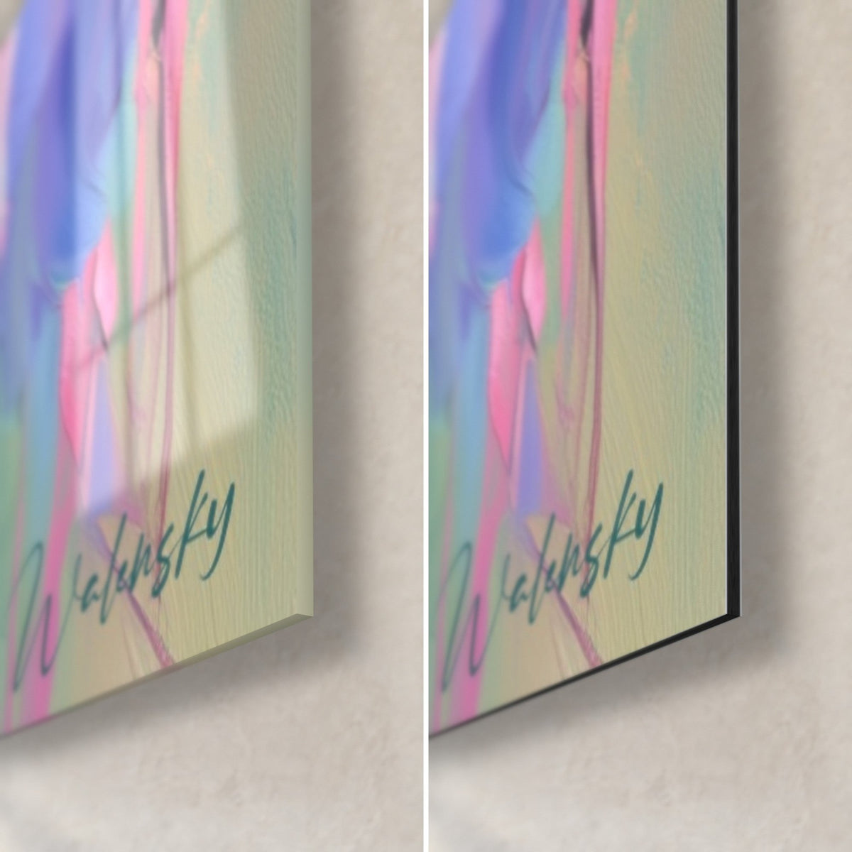 Gemälde mit einem Trio aus Iris, untere rechte Ecke: glänzendes Glas links, mattes Dibond rechts, Rosa und Grün, 3 mm Kante