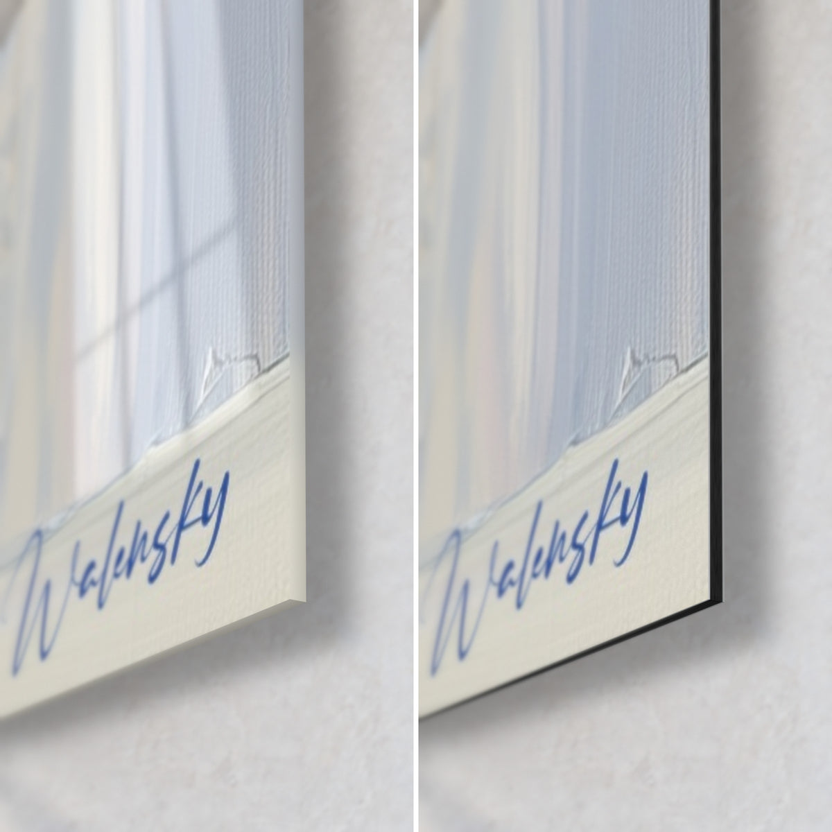 Wall art blue irises, bottom right corner: glossy acrylic glass on the left, matt black Dibond on the right, blue Walensky signature