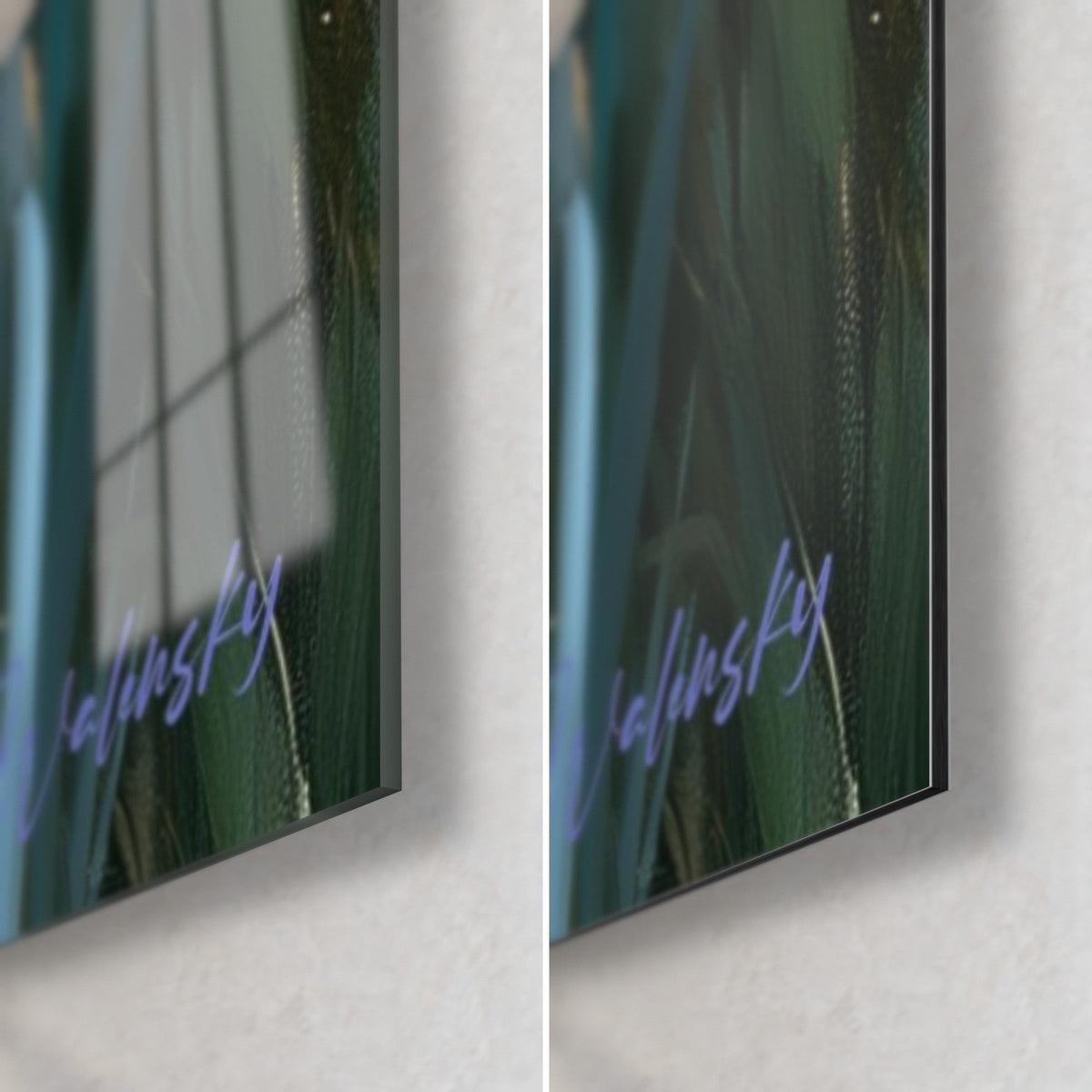 Schilderij met violette iris en diepgroen, rechter onderhoek in glanzend acrylglas links, mat Dibond-aluminium rechts, 3 mm dik