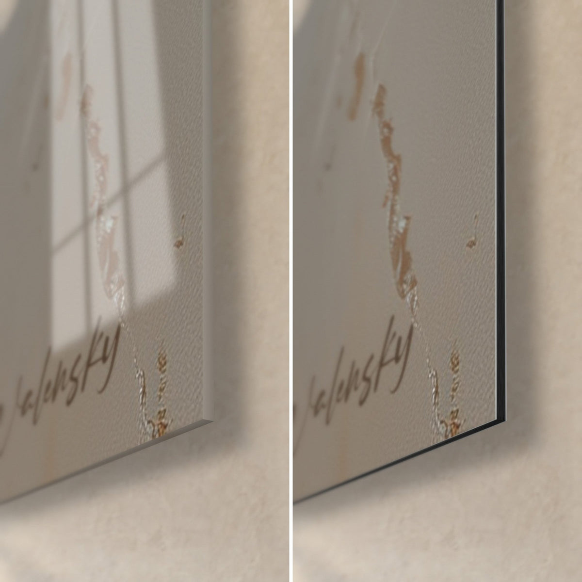 Cuadro ramo de iris marfil, esquina inferior derecha de la firma, cristal acrílico brillante y Dibond gris mate, canto de 3 mm
