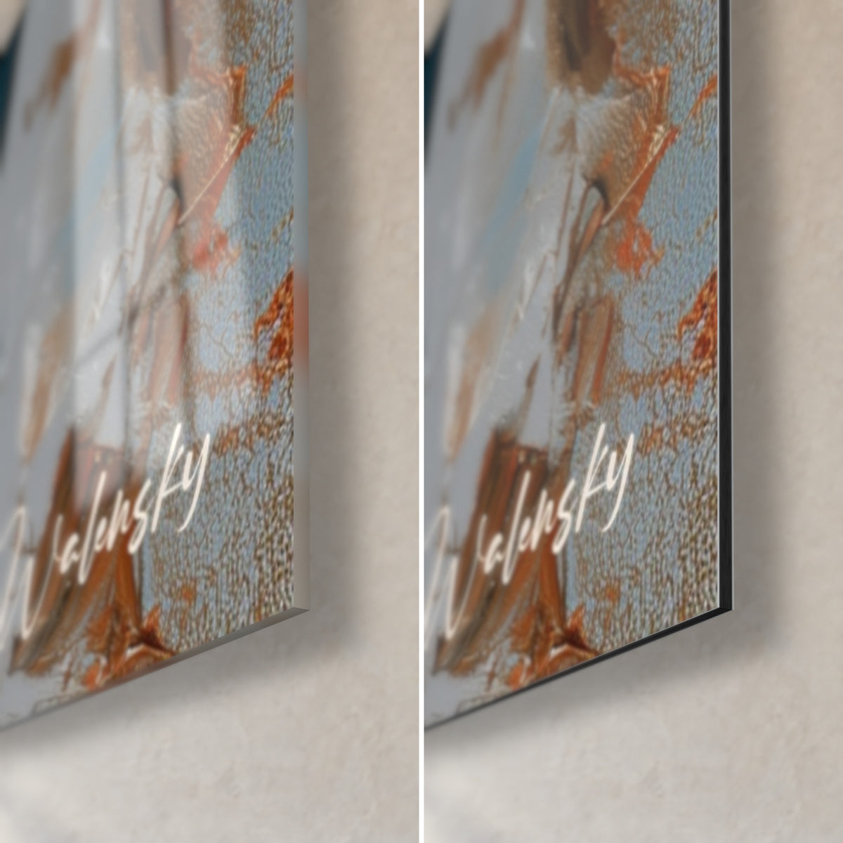 Wall art white irises, bottom right corner: 3 mm black edge, glossy glass on the left, matte Dibond on the right, orange and grey touches