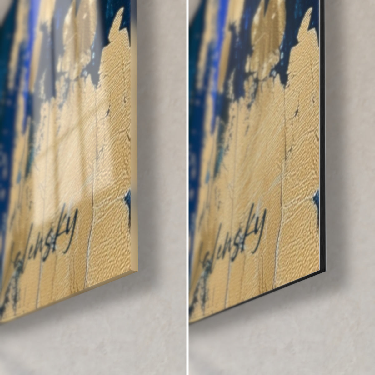 Wall art royal blue iris on gold background, bottom right corner: glossy acrylic glass on the left, matte Dibond aluminium on the right, 3 mm edge