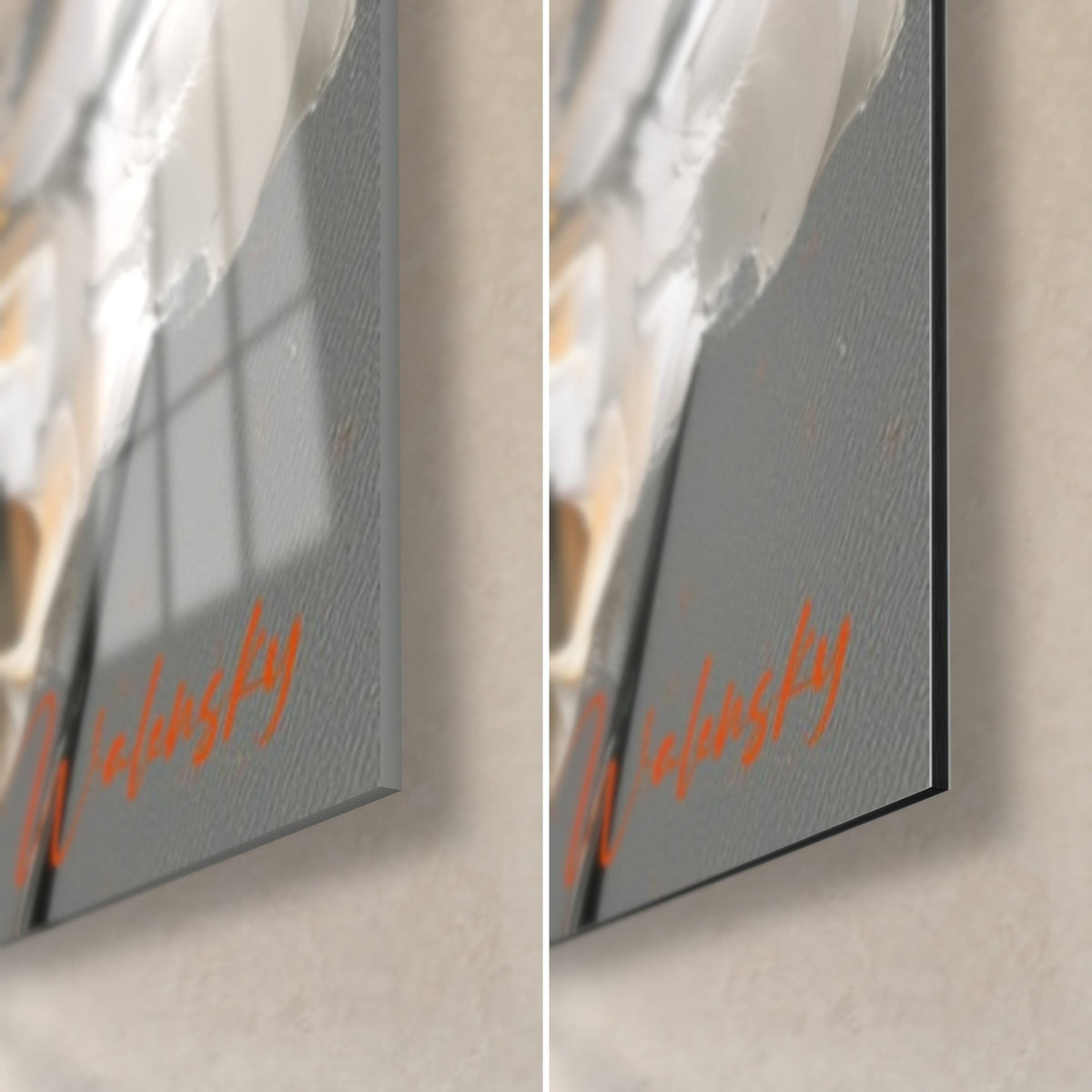 Wall art white iris, lower right corner, orange signature on grey field, glossy glass on the left, matte Dibond on the right, 3 mm edge