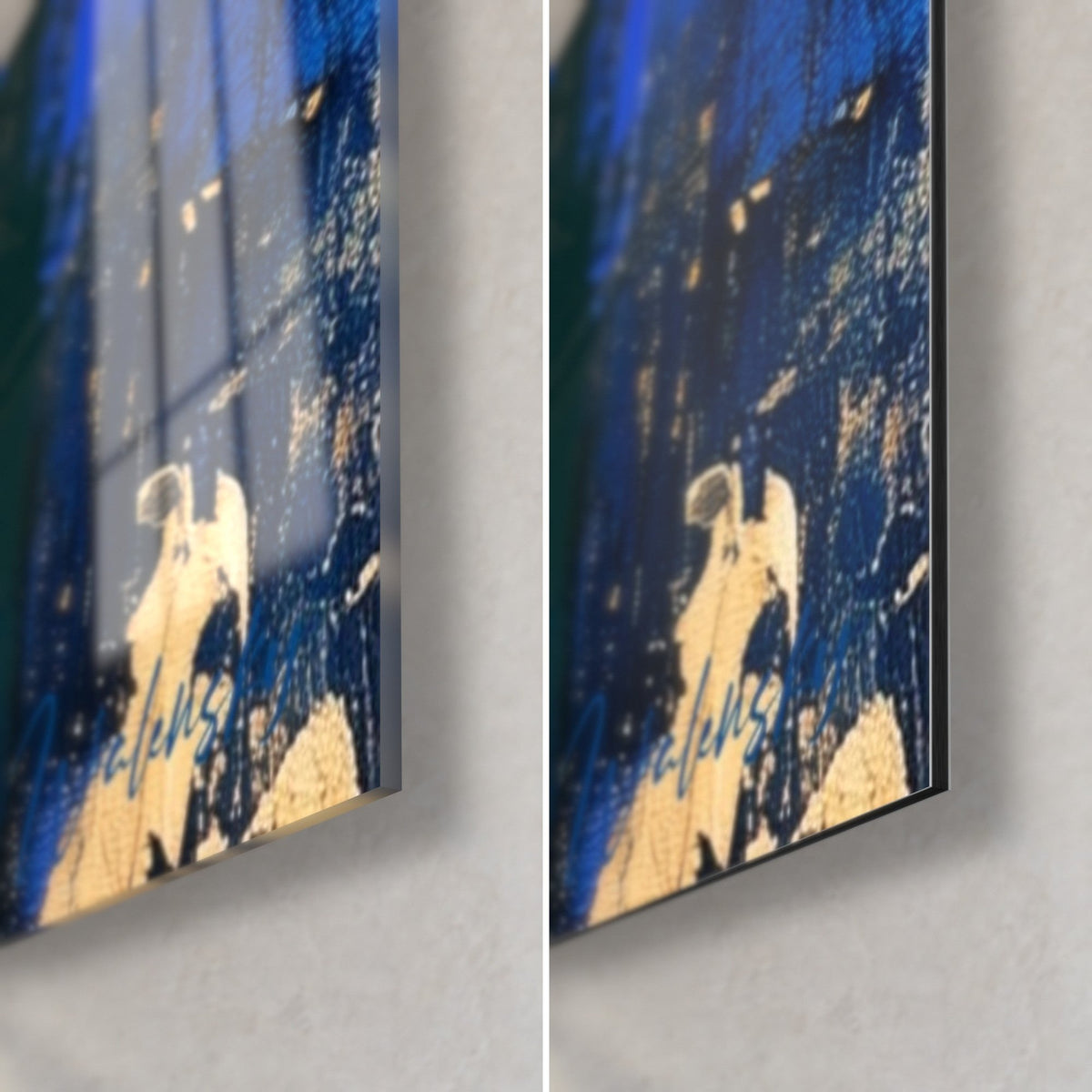Wall art cobalt blue iris in thick impasto, bottom right corner in glossy glass and matte black Dibond, reflections and cracked gold