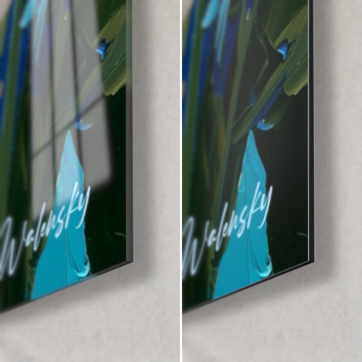 Gemälde Iris in Violett und Türkis, untere rechte Ecke: glänzendes Acrylglas links, matt gebürstetes Dibond rechts, 3 mm Kante