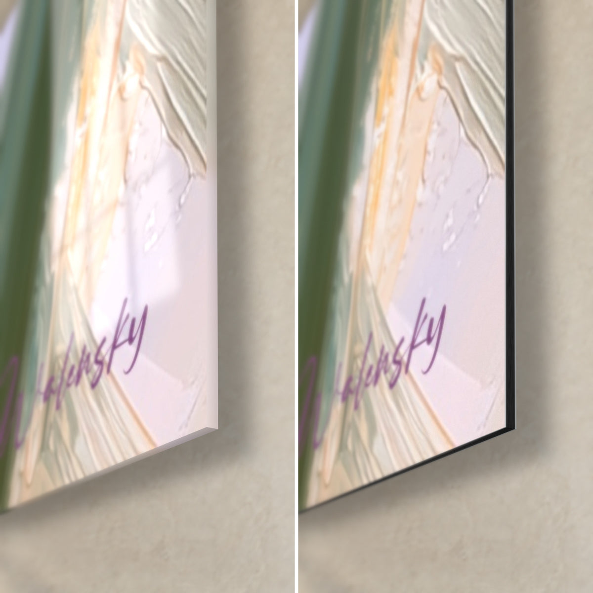 Schilderij iris in dik impasto, rechtsonder: glanzend glas links, mat zwart Dibond rechts, mauve handtekening