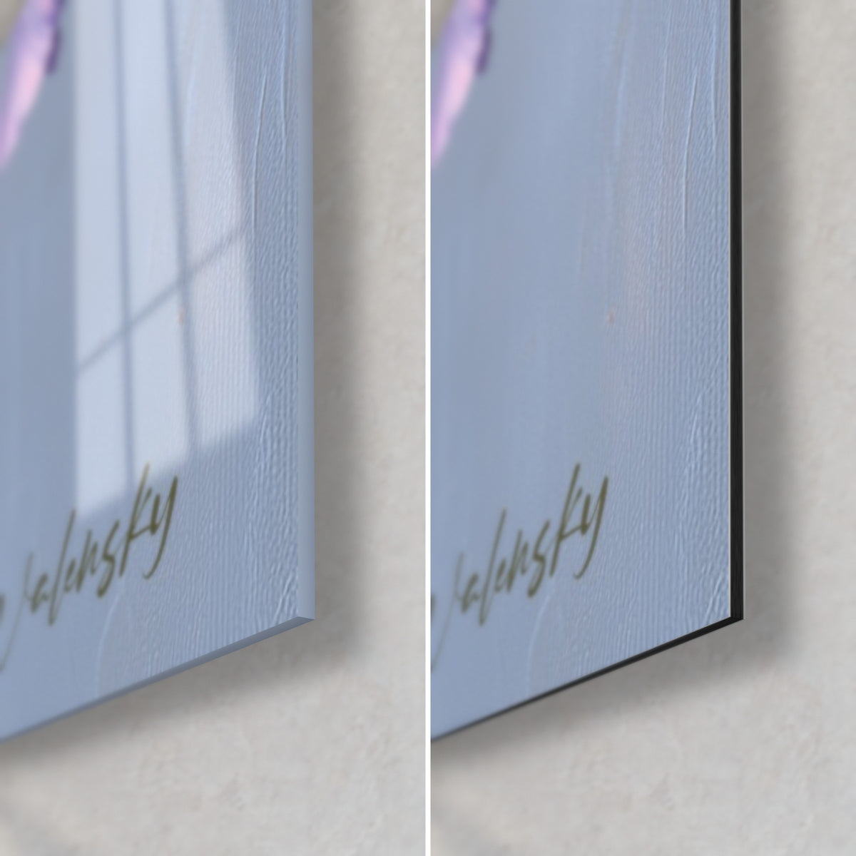 Wall art three iris painted with thick brushstrokes, Walensky signature on a blue-grey background, glossy glass on the left, matte Dibond on the right