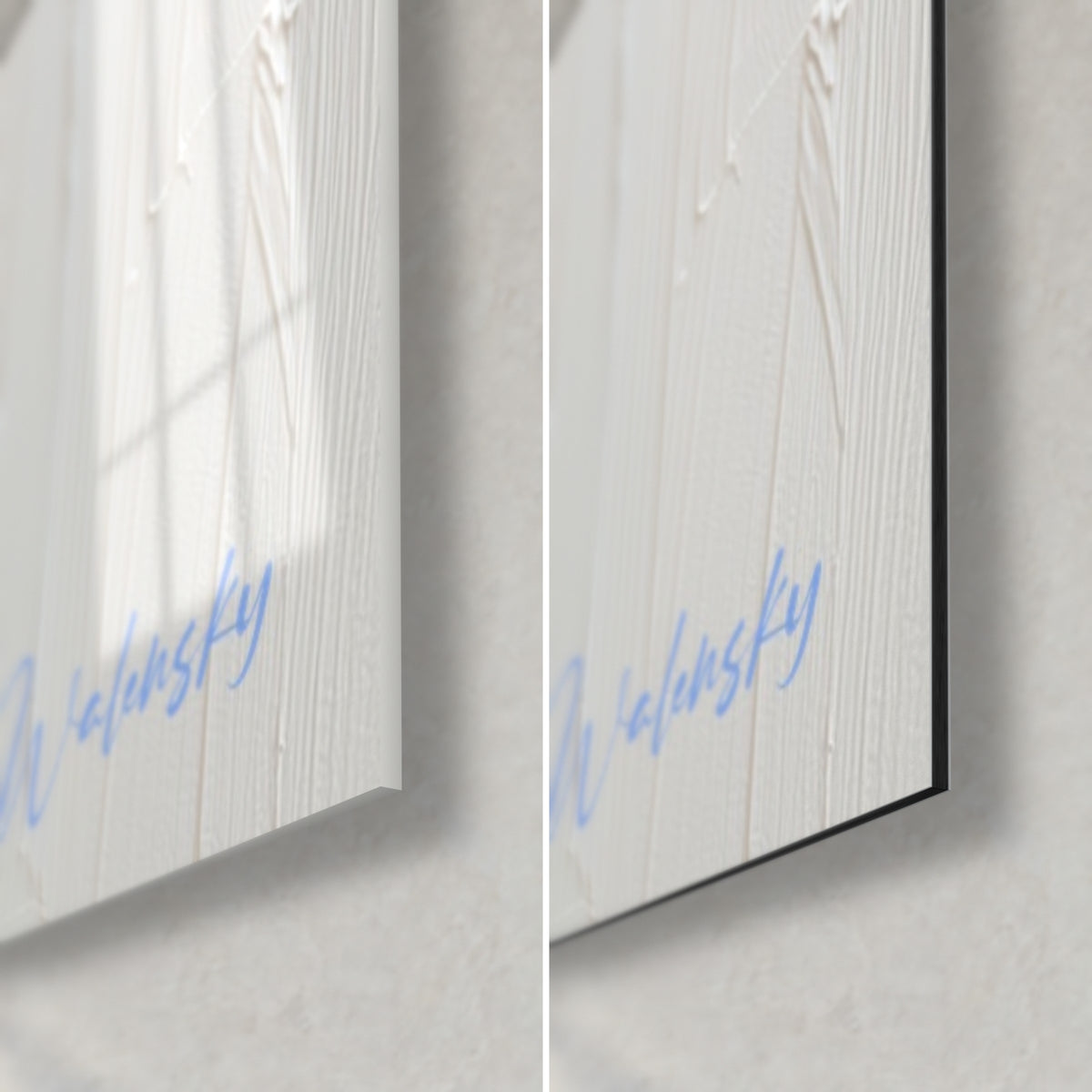 Wall art with iris, bottom right corner: sky blue Walensky signature, glossy glass on the left, matte black Dibond on the right