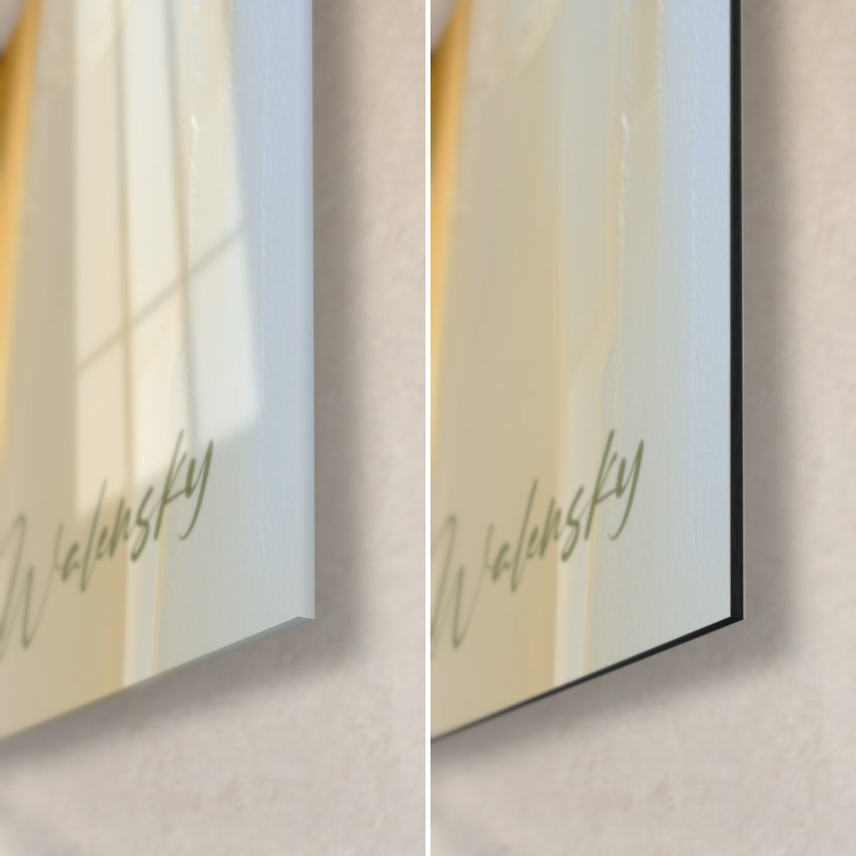 Wall art with white and coral iris, bottom right corner: glossy acrylic glass on the left, matte black Dibond and edge on the right