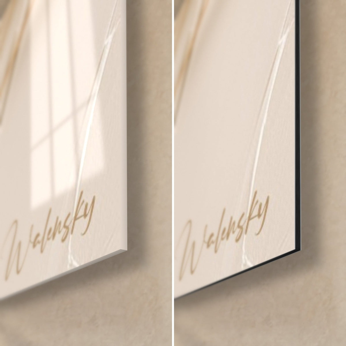 Wall art sculpted ivory flower, bottom right corner: glossy acrylic glass on the left, matte black Dibond on the right, Walensky signature