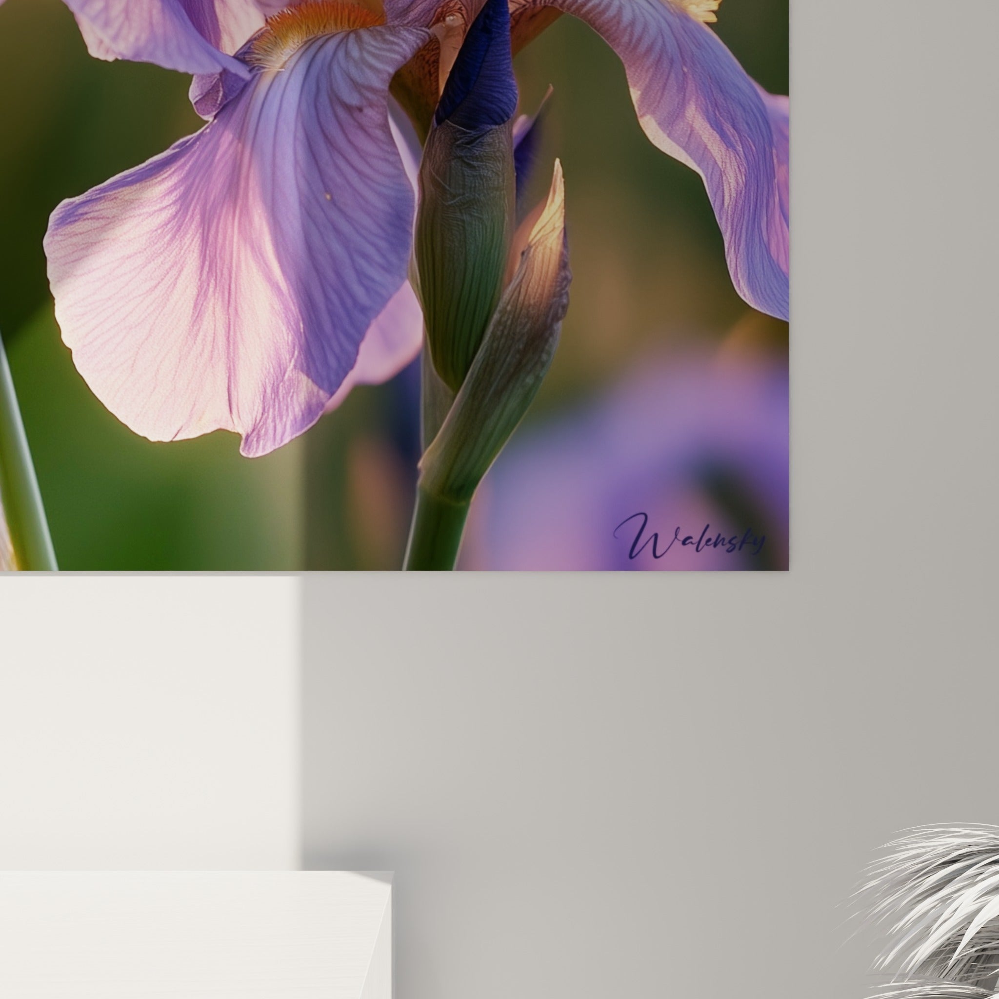 Nervures fines et texture veloutée des pétales mauves et dorés visibles de près sur la toile