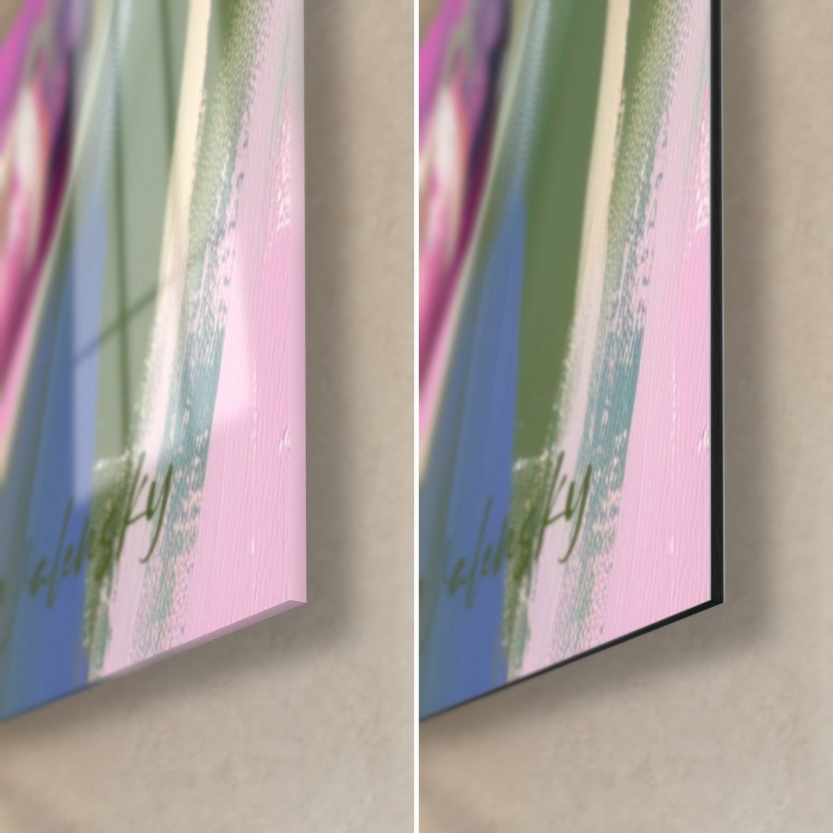 Quadro con un mazzo di iris, angolo in basso a destra: firma Walensky su sfondo rosa e blu, vetro lucido a sinistra, alluminio Dibond opaco a destra