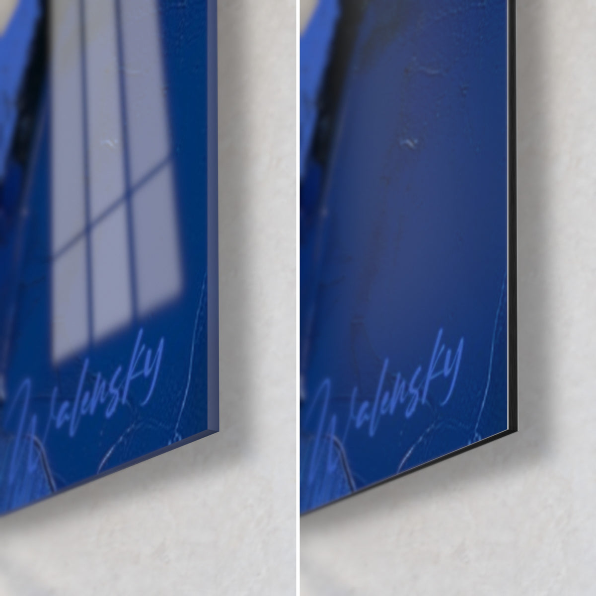 Wall art cobalt blue iris on glossy acrylic glass and matte Dibond aluminium, Walensky signature, visible 3 mm edge, bottom right corner