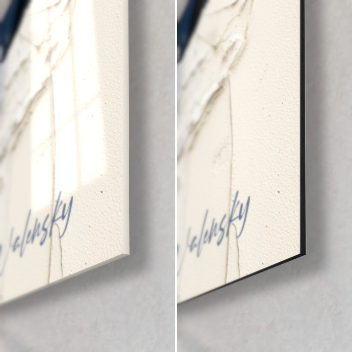 Gemälde weiße und nachtblaue Iris, unten rechts von Walensky signiert, glänzendes Glas links, mattes Dibond-Aluminium rechts