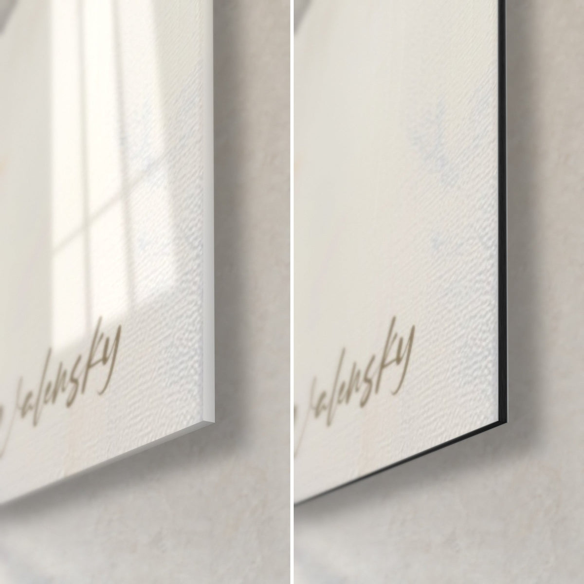 Schilderij paarse en witte irissen, rechter onderhoek, gouden Walensky-signatuur, glanzend acrylglas links en mat wit Dibond rechts